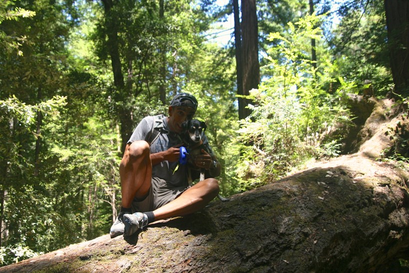 Lilly and I crawling atop a felled tree