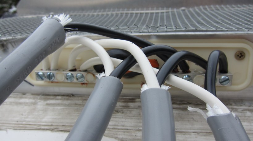 Close-up of the combiner box wiring